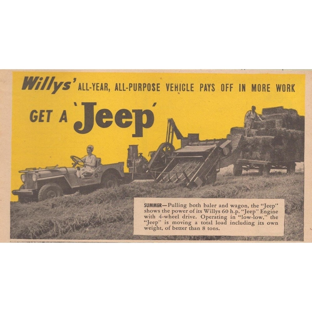 1946 Willys Jeep Vintage Print Ad Post War Farm Utility 4x4 Agriculture Vehicle